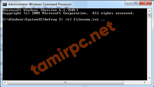 دستور defrag C: /v> filename.txt .. را وارد کنید